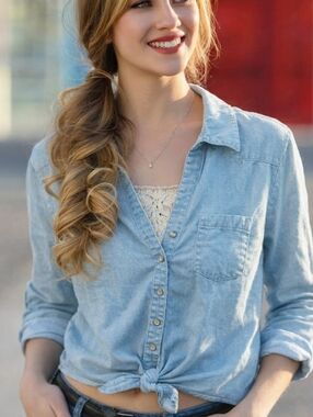 EYESHADOW Light Chambray Tie-Front Button Down Shirt.